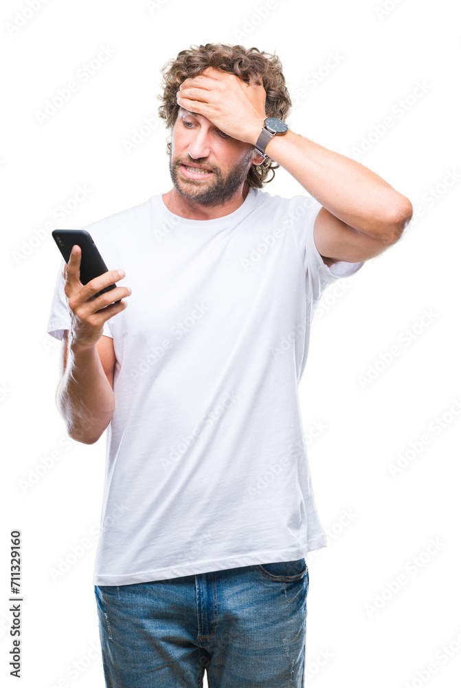 Handsome hispanic man model sending message texting using smartphone over isolated background stressed with hand on head, shocked with shame and surprise face, angry and frustrated. Fear and upset Handsome hispanic man model sending message texting using smartphone over isolated background stressed with hand on head, shocked with shame and surprise face, angry and frustrated. Fear and upset