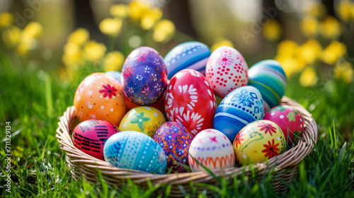 Easter eggs painted in bright colors arranged in a wicker basket