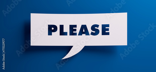 Speech bubble with the word please in front of a blue colored wall - 3D illustration