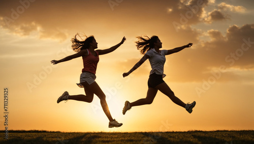 Two girls jump in the sky with the sun behind them ai image