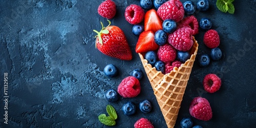 Fresh berries in ice cream cone. Strawberry, raspberry, blueberry for dessert. Concept for healthy eating, dieting food and nutrition. Summer background. Top view, copy space