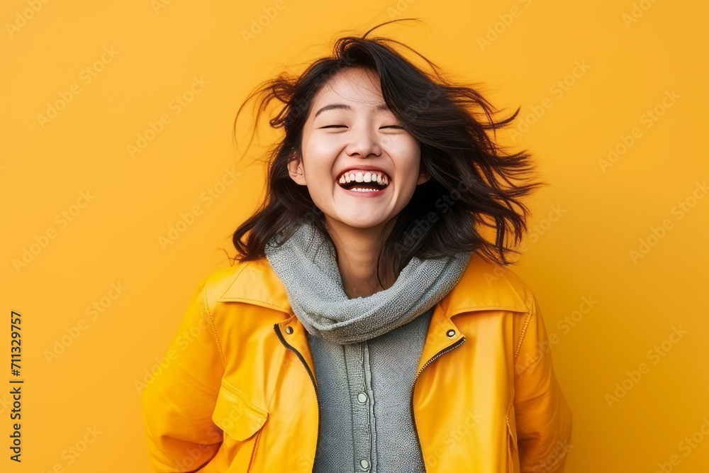 Portrait of a happy young asian woman laughing over yellow background Portrait of a happy young asian woman laughing over yellow background