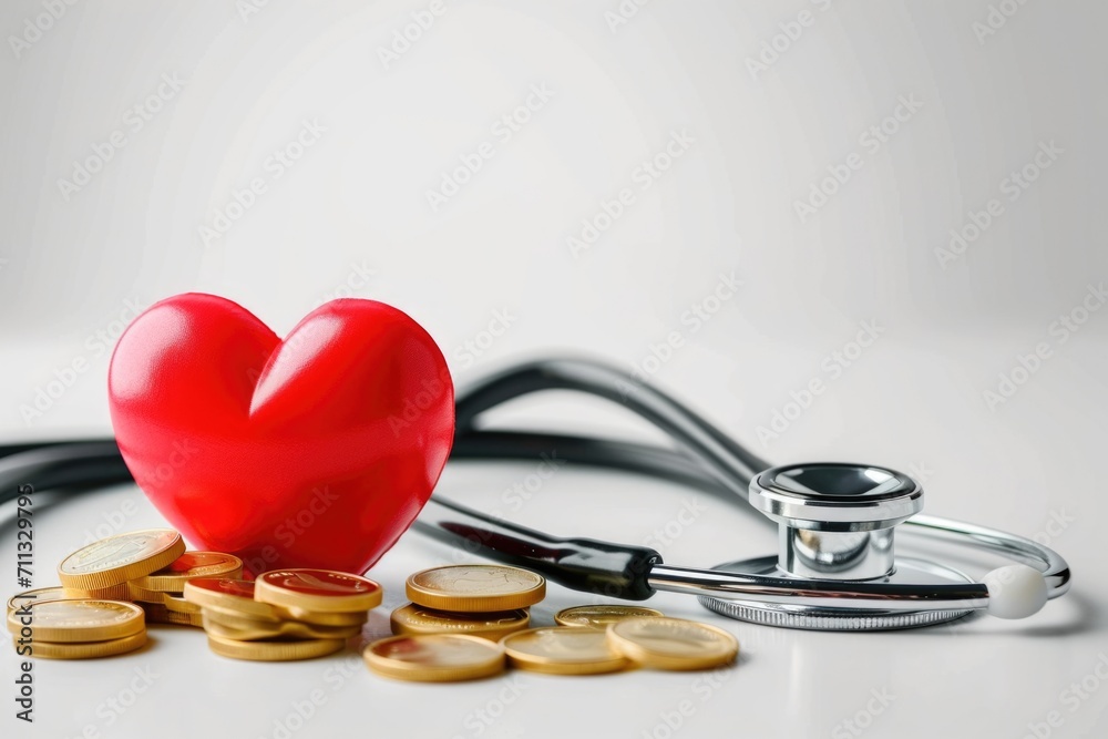 World health day concept Healthcare medical insurance with red heart saving bank and stethoscope World health day concept Healthcare medical insurance with red heart saving bank and stethoscope
