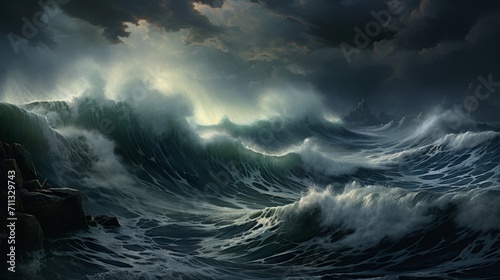 A hyper-realistic seascape unveiling a tumultuous storm  towering waves crashing against rocky cliffs  dramatic dark clouds enveloping the horizon - Generative AI