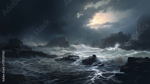 A hyper-realistic seascape unveiling a tumultuous storm, towering waves crashing against rocky cliffs, dramatic dark clouds enveloping the horizon - Generative AI © Huzaifa