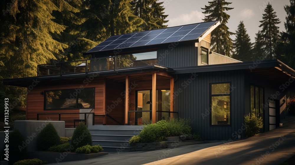 Exterior shot of a house with solar panels on the roof, capturing the essence of sustainable energy Exterior shot of a house with solar panels on the roof, capturing the essence of sustainable energy