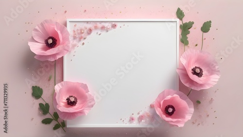 flat lay white postcard with flowers surrounded by on a pink background, ribbon laying aside, template for congratulations on March 8, Valentine's day, women's Day or birthday Generative AI, card