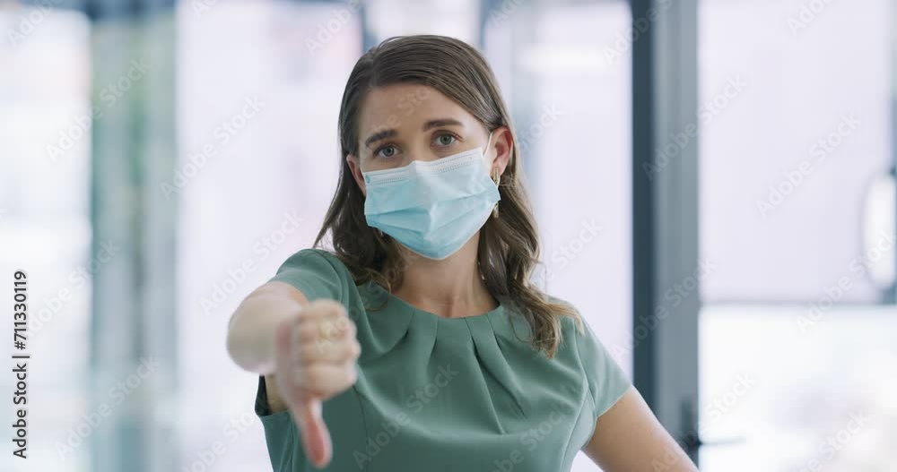Business woman, face mask and thumbs down for no, rejection or refusal ...