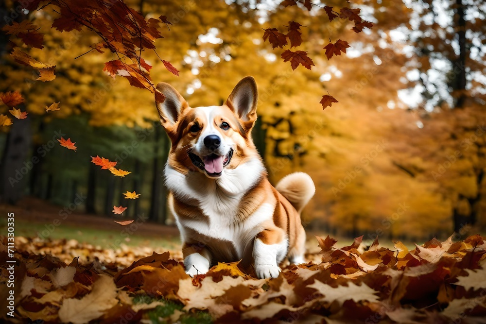 Elevate your spirits with the heartwarming image of a Welsh Corgi Pembroke, joyfully bred among the fallen leaves in the crisp autumn air.