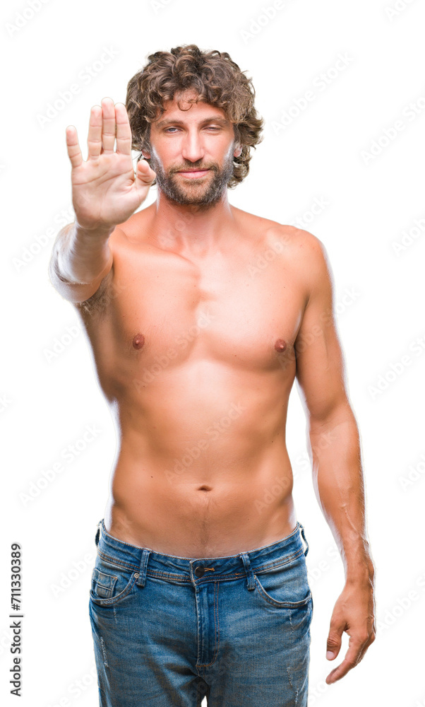 Handsome hispanic model man sexy and shirtless over isolated background doing stop sing with palm of the hand. Warning expression with negative and serious gesture on the face. Handsome hispanic model man sexy and shirtless over isolated background doing stop sing with palm of the hand. Warning expression with negative and serious gesture on the face.