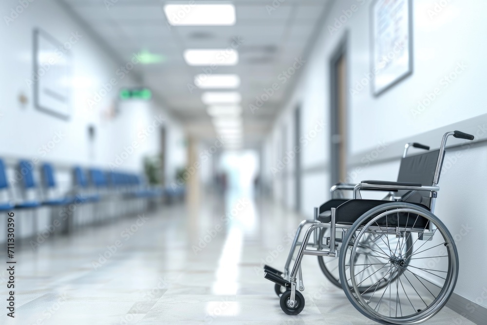 Blurred hospital waiting hall with wheelchair patient near nurse station.