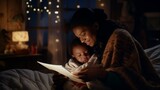 
Lifestyle scenes of a mother reading a bedtime story to her newborn, creating a cozy and nurturing atmosphere in the family setting