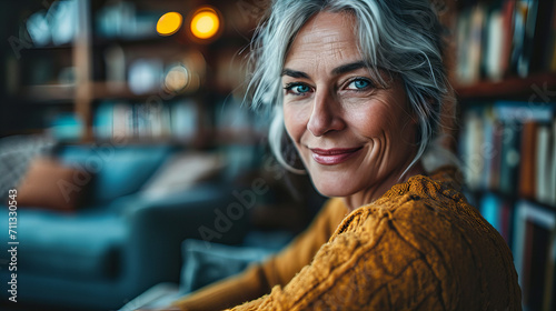 Elegant Woman in Library, confident, mature woman with silver hair and a mustard sweater smiles warmly, surrounded by the cozy ambiance of a book-filled library
