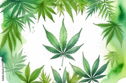 cannabis leaf in centre of frame of leaves on white background. watercolor illustration of marijuana