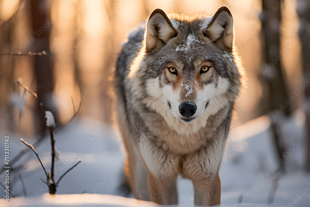 Wolf in einem verschneiten Wald zur goldenen Stunde, erstellt mit generativer KI Wolf in einem verschneiten Wald zur goldenen Stunde, erstellt mit generativer KI
