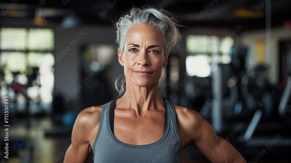 
Portrait, of mid age woman, working on a fitness equipment in fitness studio, without make up, emphasizing gray hair and natural aging