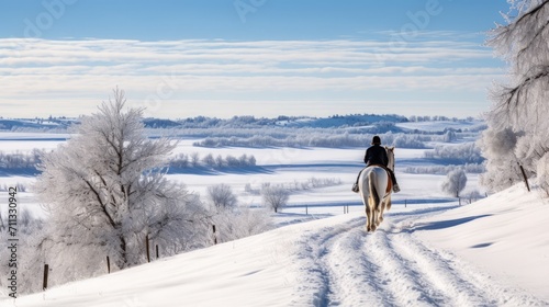  Picturesque scenes of a horse and rider navigating through a snowy landscape,