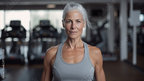  Portrait, of mid age woman, working on a fitness equipment in fitness studio, without make up, emphasizing gray hair and natural aging