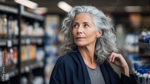 Portrait of mid age woman, without make up, in shopping, emphasizing gray hair and natural aging.