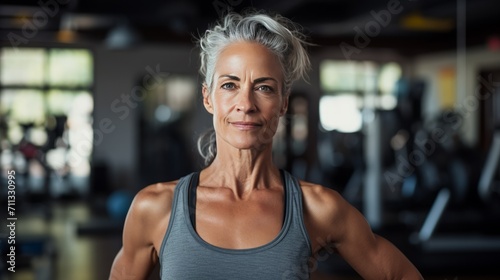  Portrait, of mid age woman, working on a fitness equipment in fitness studio, without make up, emphasizing gray hair and natural aging