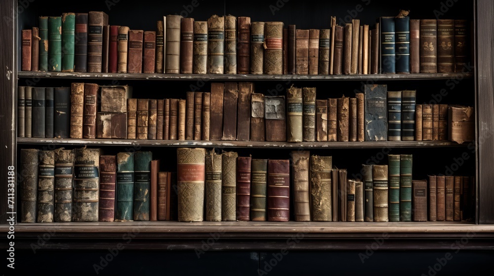 
Scenes of an aging bookshelf filled with weathered books, showcasing the beauty of imperfections in the worn spines and tattered covers,