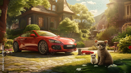 Cute cat and red car on the background of a beautiful house