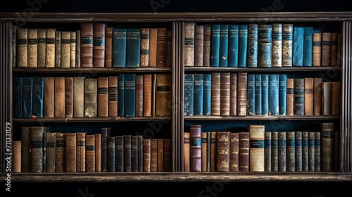  Scenes of an aging bookshelf filled with weathered books, showcasing the beauty of imperfections in the worn spines and tattered covers,