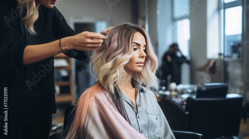 scenes of a hair stylist expertly applying balayage highlights, showcasing the artistry and seamless blending of colors, 