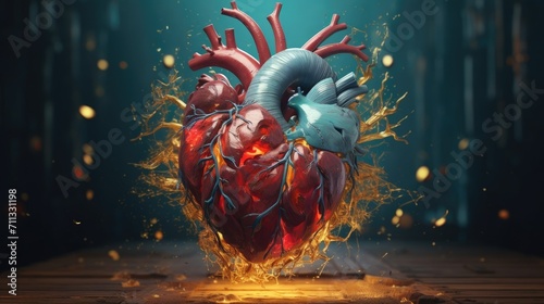 Colorful human heart anatomy illustration. Heart organ with cardio vessels model concept.