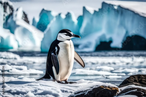 Witness the poetic beauty of a chinstrap penguin against the stark backdrop of an Antarctic beach  a testament to the resilience of life.