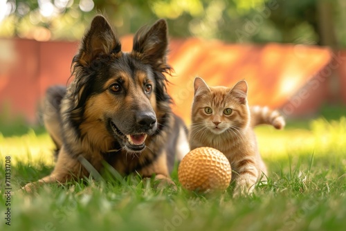 Dog and cat play ball together  friendship concept