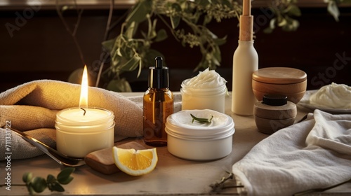 Vanity scene featuring DIY natural skincare products like creams and scrubs