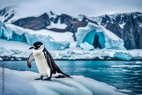 Immerse yourself in the stark beauty of Antarctic wildlife with a mesmerizing portrayal of a chinstrap penguin on the icy beach.