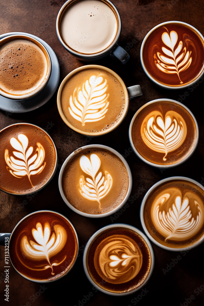 Coffee cups with latte art on the wooden table. top view
