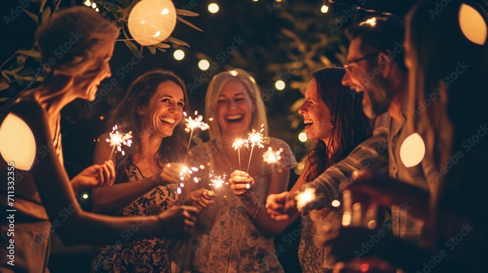 group of caucasian people friends with different ages celebrate together a birthday or new year eve by night outdoor at home.  - obrazy, fototapety, plakaty 