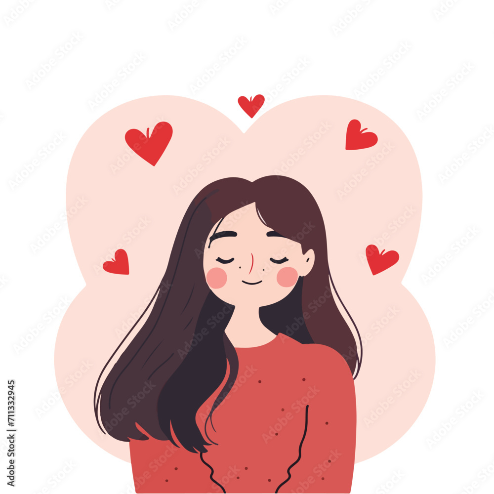 happy girl with heart in hands. valentine day vector illustration isolated on white background. flat design.