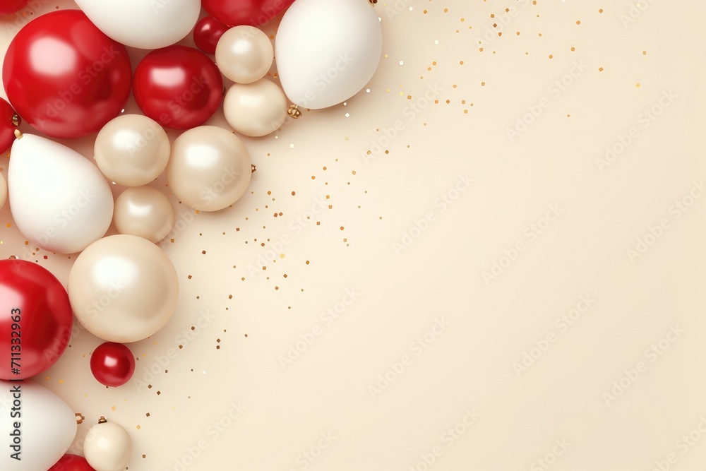 Red and white balloon collection isolated on the beige copyspace background. Helium inflated balloon template for party and celebration.