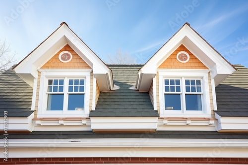 closeup on symmetric colonial dormer windows