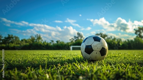 a soccer ball on green grass of field stadium 