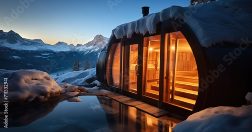 A cozy mountain cabin with illuminated windows nestles in a snowy landscape at twilight, with the majestic alps in the backdrop. photo