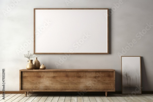 Interior design of modern room with empty blank mock up poster frame. Minimalist and aesthetic interior with photo mockup photo