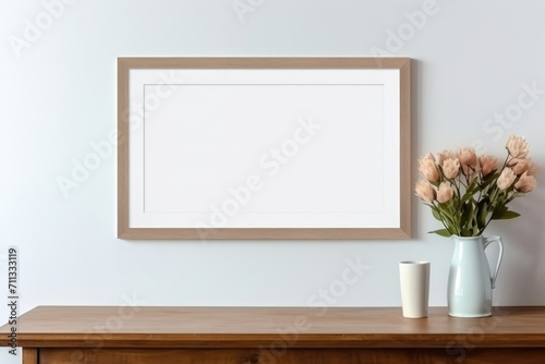 Interior design of modern room with empty blank mock up poster frame. Minimalist and aesthetic interior with photo mockup