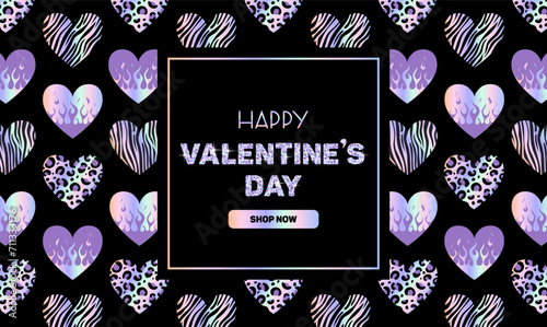 Horizontal luxury banner for Valentines Day. Metallic holographic Y2k sticker, Shining gradient heart on fire, animalistic pattern. Zebra, leopard, tiger. foil in 2000s style. Flame. 90s, 00s.