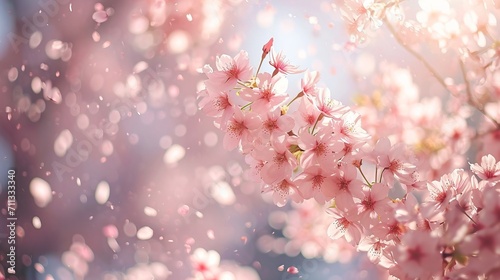 Cherry trees in full bloom, delicate pink petals flying in the air, bokeh effect