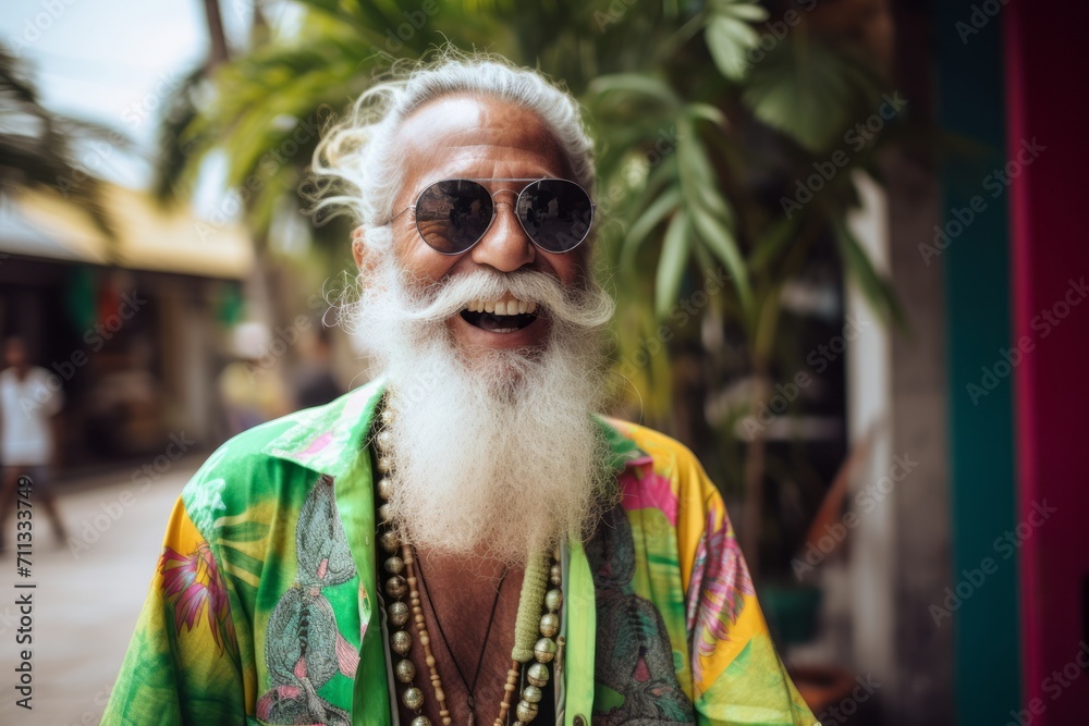 Portrait of an old hippie man with white beard and sunglasses