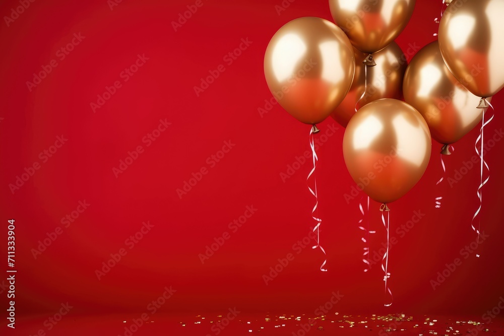 Golden glosst balloon collection isolated on the red copyspace background. Helium inflatable balloon template for party and celebration. Golden glosst balloon collection isolated on the red copyspace background. Helium inflatable balloon template for party and celebration.