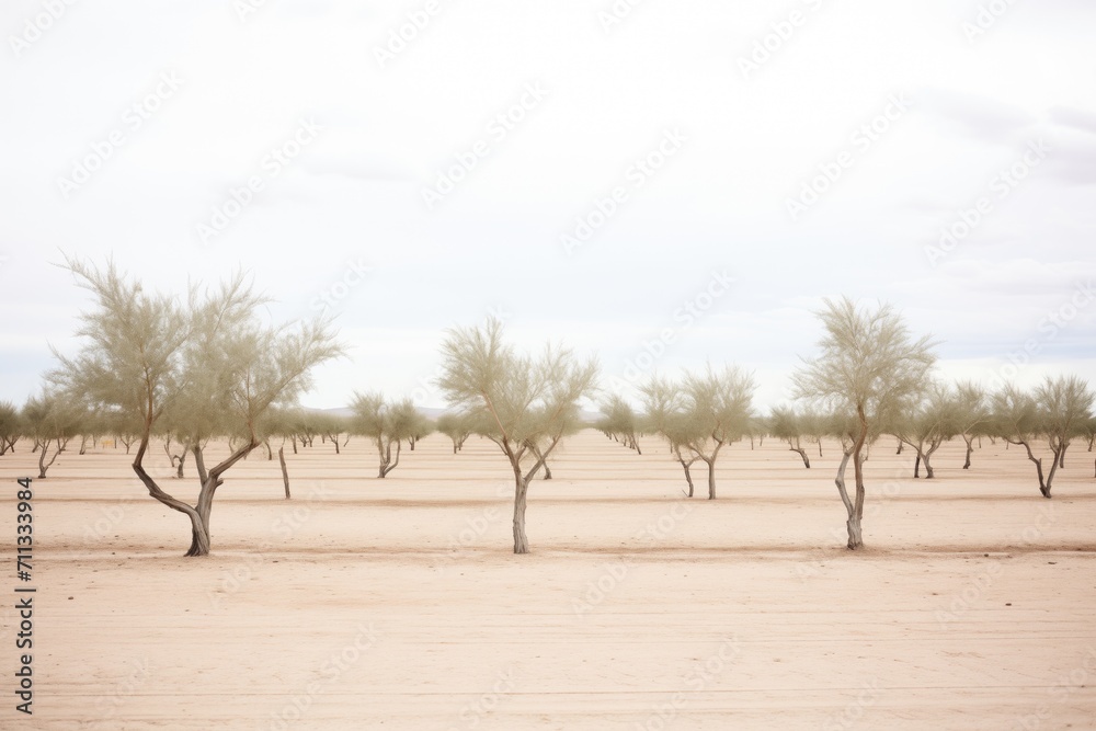 olive trees lined up in a dry landscape