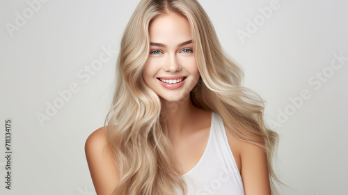 Portrait of a beautiful  sexy Caucasian woman with perfect skin and white long hair  on a white background.