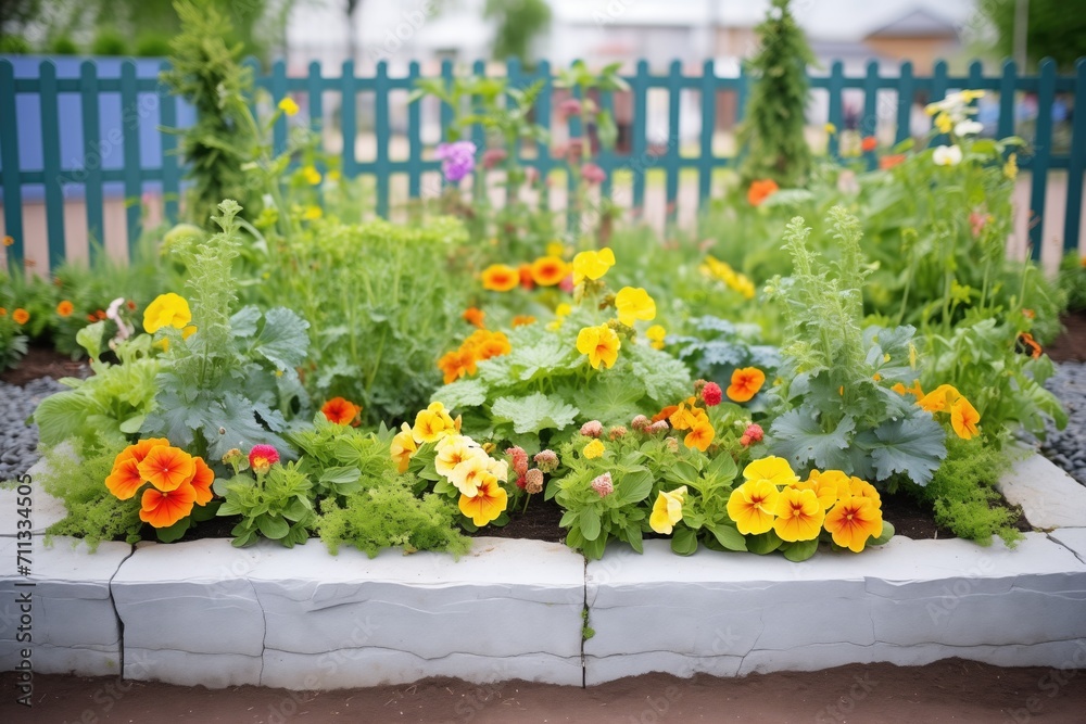Fototapeta premium edible flower bed with marigolds and pansies