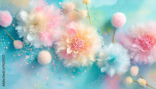 Beautiful fluffy flowers in bright pastel bold colors with feathers and pompons in dreamy landscape photo